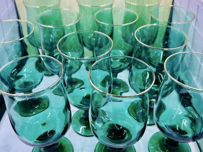 Vintage Green Glass Gold Rim Water Wine Goblets - Set of 12