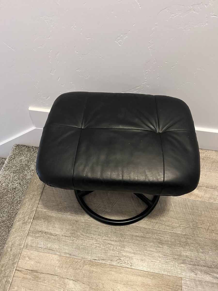 Black Leather Ottoman Footrest with Round Metal Base