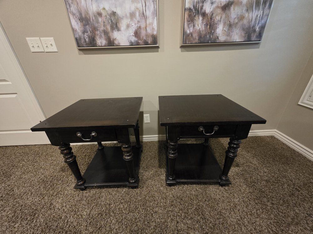 Dark Wood End Tables with Drawer - Set of 2
