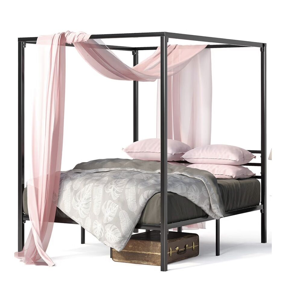 newQUEEN SIZE CANOPY BED (BLACK/METAL)