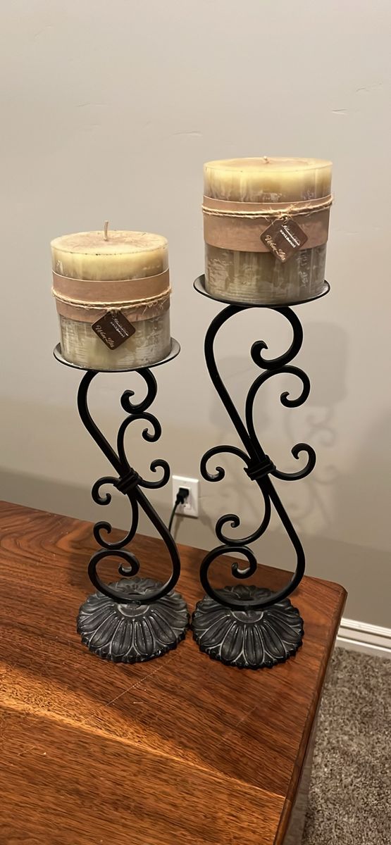 Decorative Black Wrought Iron Candle Holders (Set of 2) with Unused Pillar Candles 19” w/candle and 17” w/ candle