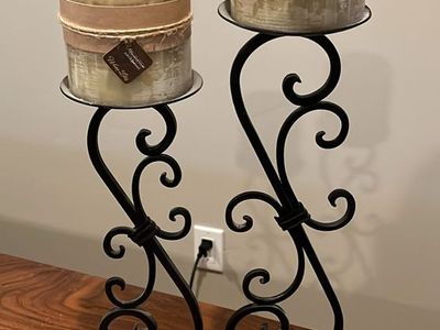Decorative Black Wrought Iron Candle Holders (Set of 2) with Unused Pillar Candles 19” w/candle and 17” w/ candle