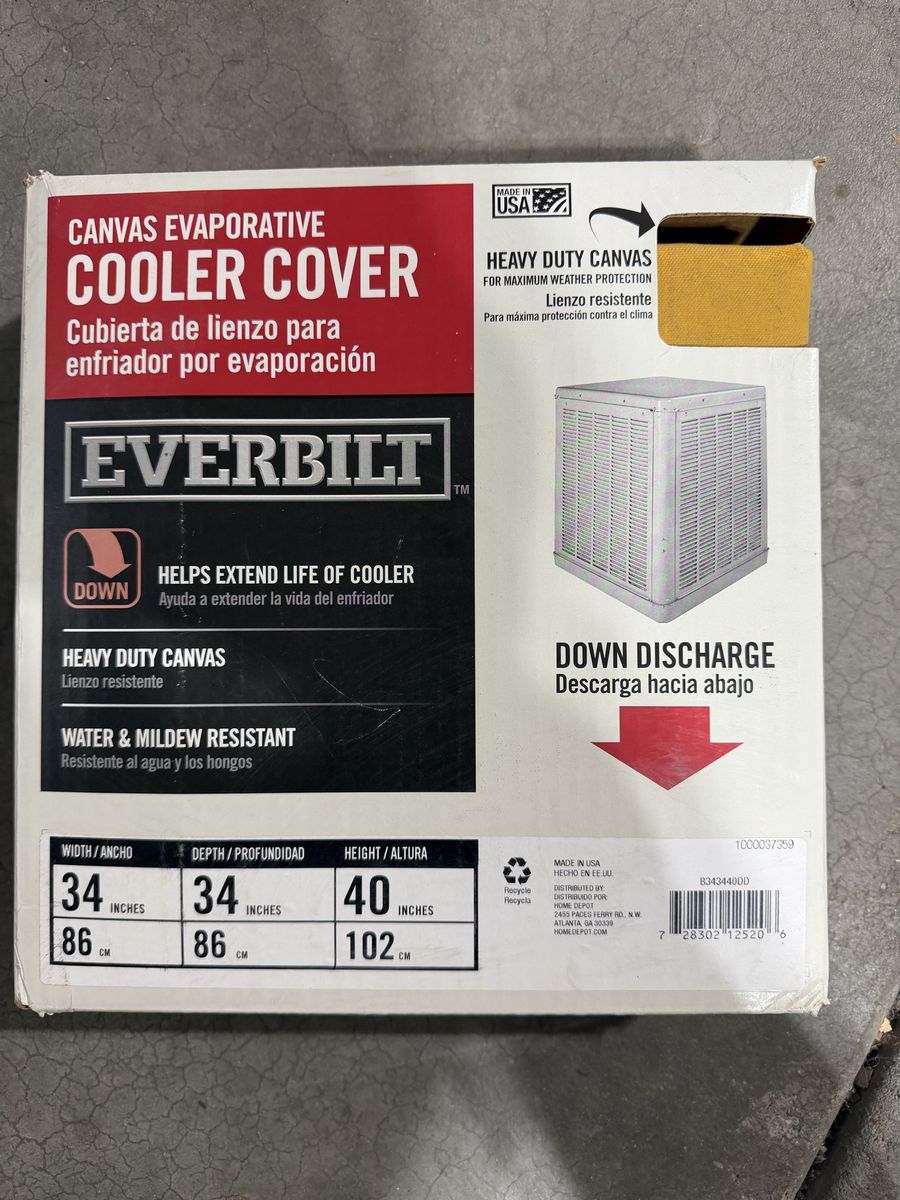 New in box. Everbilt Evaporative Cooler Cover, Yellow. 34x34x40" Down Draft