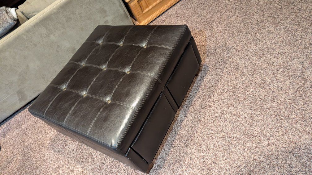 Brown Faux Leather Storage Ottoman with Pull-Out Drawers and Tufted Top