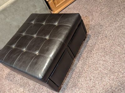 Brown Faux Leather Storage Ottoman with Pull-Out Drawers and Tufted Top