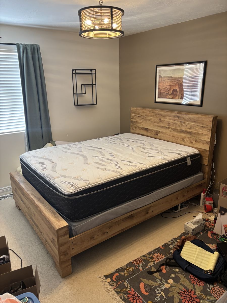 Wooden Queen Bed Frame + Mattress + Box Spring, Great Condition