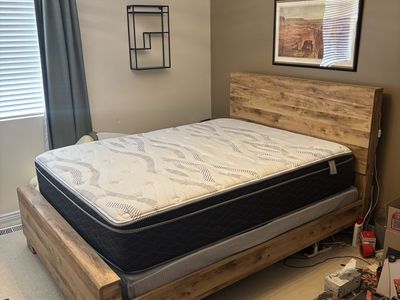 Wooden Queen Bed Frame + Mattress + Box Spring, Great Condition
