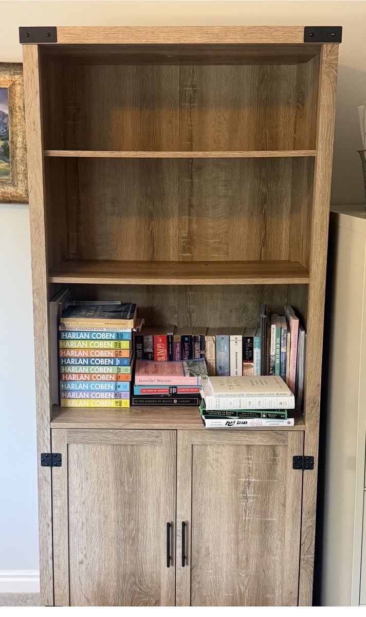 Rustic Oak Finish Tall Bookcase with 2 Adjustable Shelves & Storage Cabinet