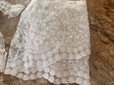 White Beaded Bridal Lace Fabric, Matching Lace Trim, and Lining Fabric Lot