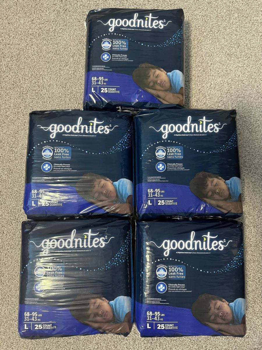 Goodnites Nighttime Bedwetting Underwear Size Large (68-95 lbs) 125 Count Lot (5 Packs of 25)