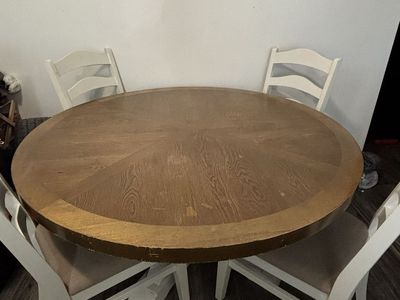 Round Wood Dining Table with 4 White Ladder Back Chairs - Distressed Look