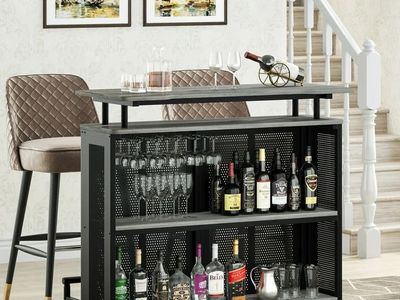 Modern Gray brownish and Black Industrial Style Bar Cabinet with Storage Shelves