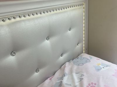 White Tufted Headboard with LED Lights -Twin Size, Glam Style Bed Frame