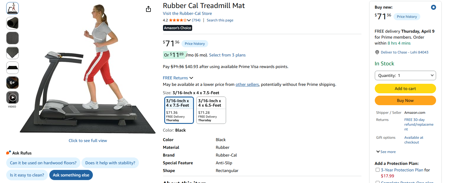 Rubber Cal Treadmill Mat 3/16" x 4' x 7.5'