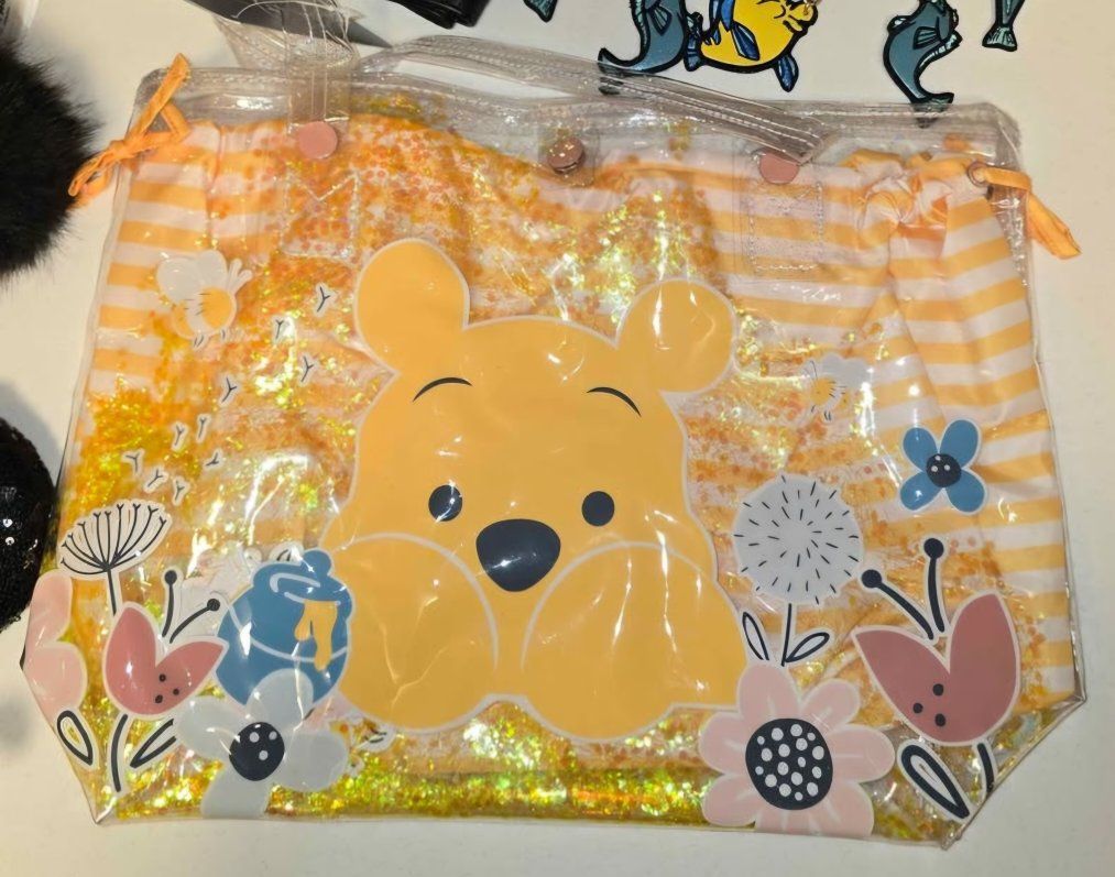 Disney Winnie the Pooh Glitter Flowy Transparent Small Tote Bag with Floral Design