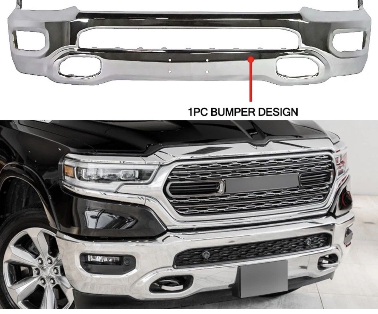 New Chrome Front Bumper for 2019–2024 Ram 1500 DT – Fog Light & Tow Hook Openings – No Sensor Holes