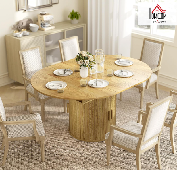 HOMCOM 43.3" to 59" Extendable Round Dining Table for 4-6, Natural Wood