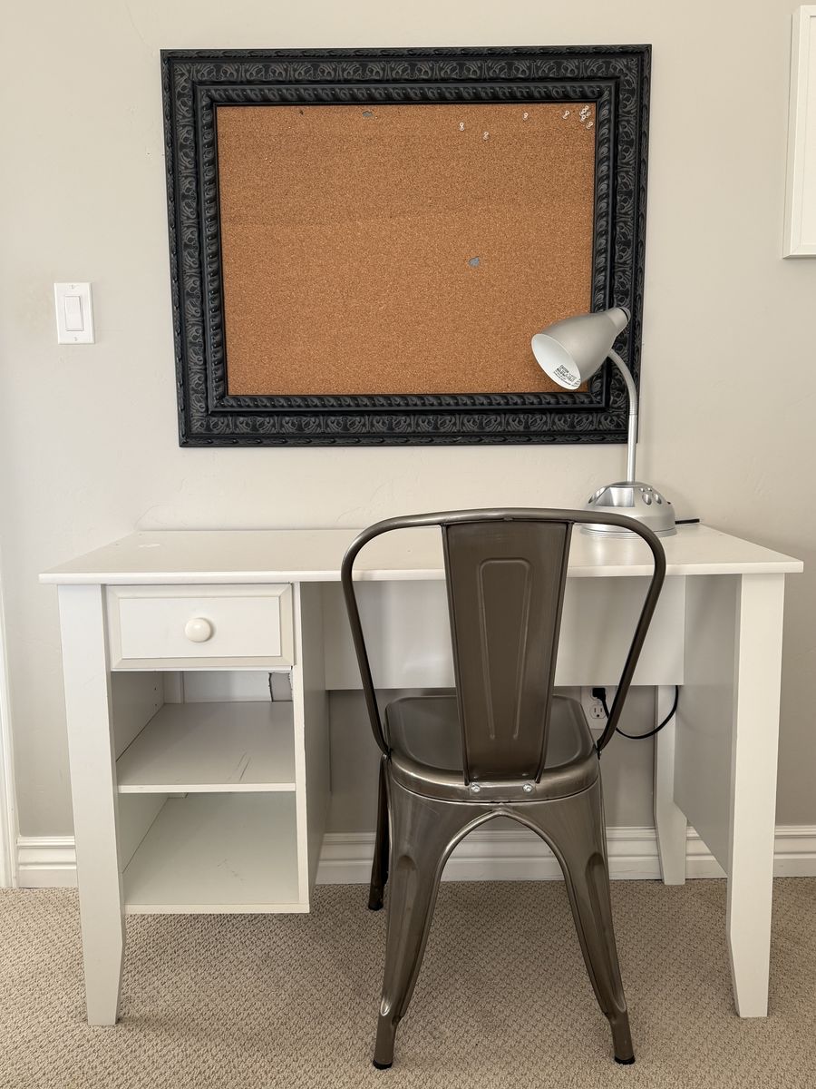 Desk, Chair. Lamp, Corkboard