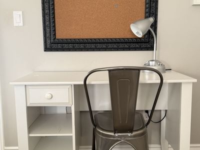 Desk, Chair. Lamp, Corkboard