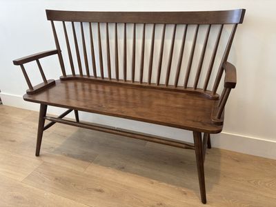 Vintage Mid-Century Modern Wooden Spindle Back Settee Bench - Walnut Finish