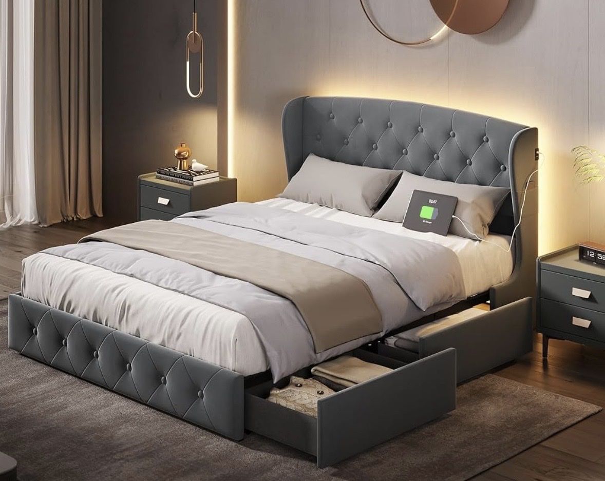 Queen Bed Frame with Storage and LED Lights