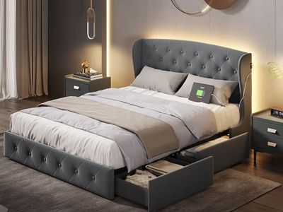 Queen Bed Frame with Storage and LED Lights