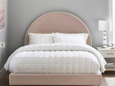 Cute Queen Pottery Barn Bed-- Luna Upholstered Lustre Velvet Dusty Blush