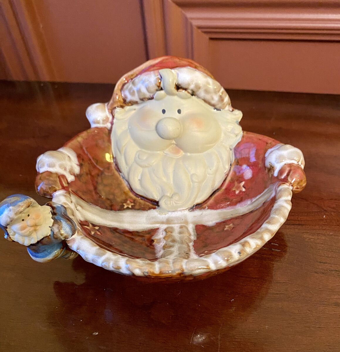 Vintage Ceramic Santa Candy/Trinket Dish With Small Elf Hanging On The Side - C PIX