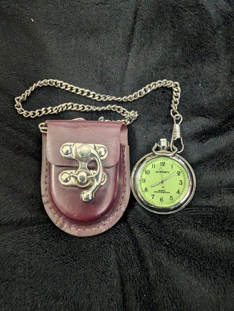 Quemex Quartz Water Resistant Pocket Watch with Silver Chain and Leather Pouch