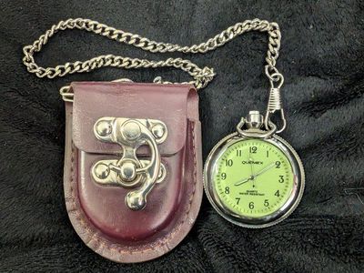 Quemex Quartz Water Resistant Pocket Watch with Silver Chain and Leather Pouch