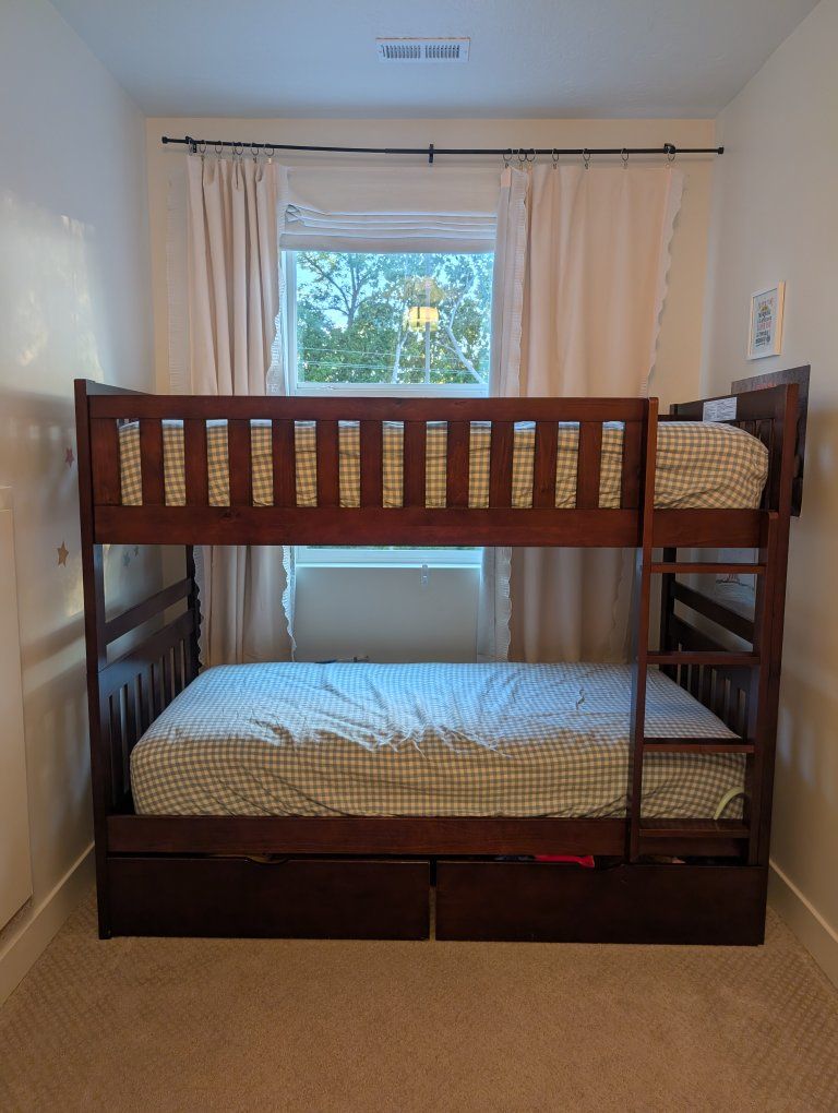 Wooden Bunk Bed with Storage Drawers - Cherry Wood Finish, Twin Size