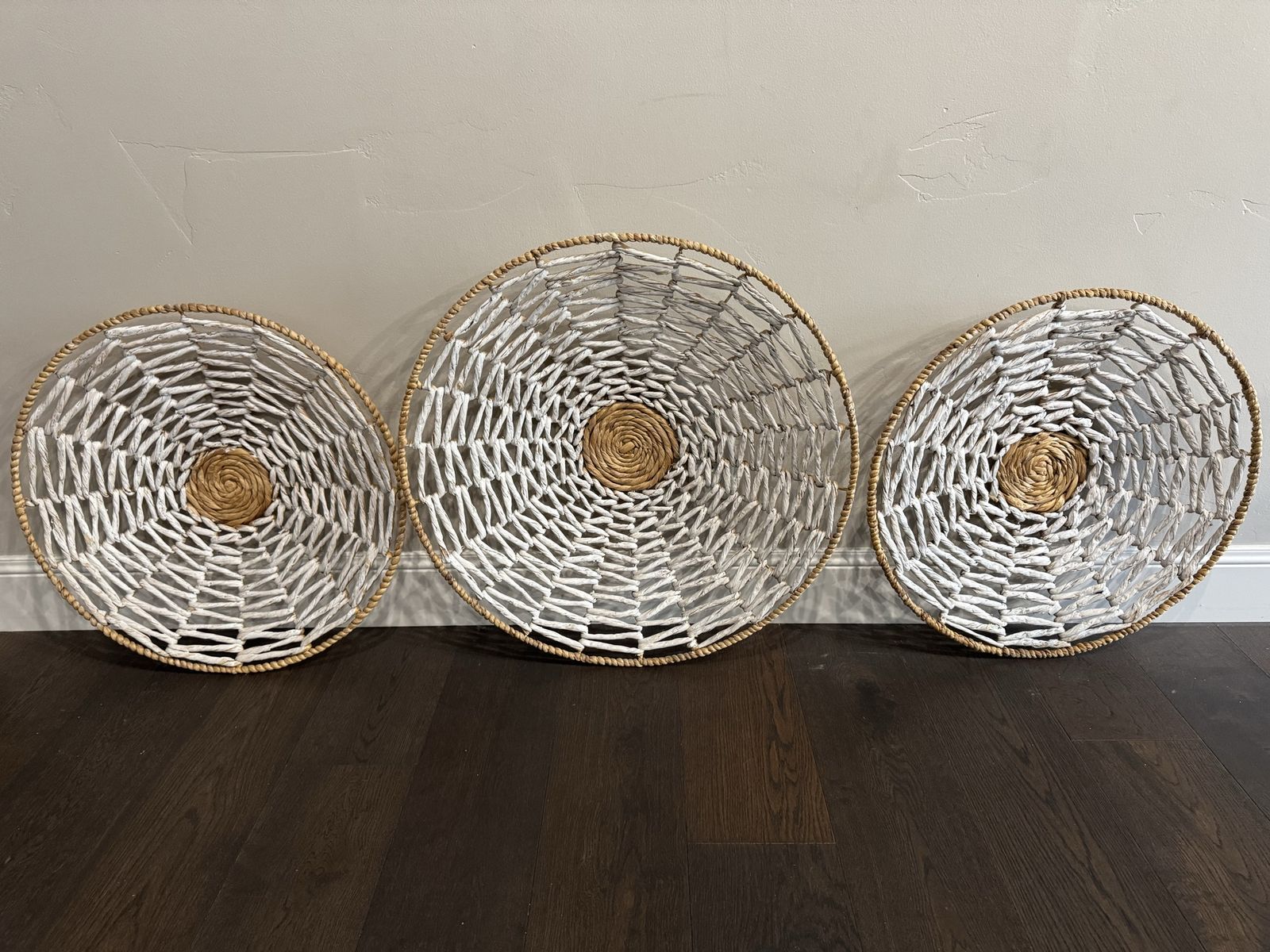 Set of 3 Woven Round Wall Decor Baskets White and Natural Seagrass