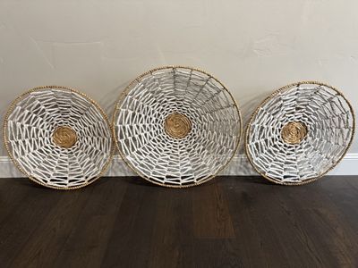 Set of 3 Woven Round Wall Decor Baskets White and Natural Seagrass