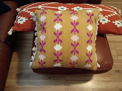 Set of 2 Boho Geometric Woven Throw Pillows with Fringe Tassels