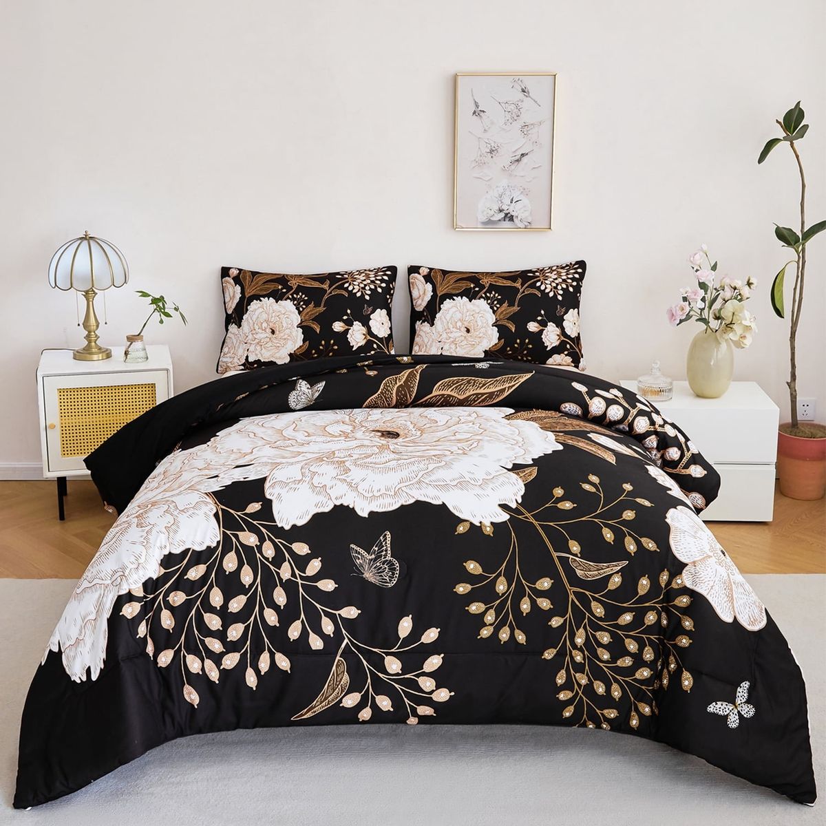 BRAND NEW Black Floral Queen Comforter Set, White Flowers Butterfly Bedding Set, 3 pieces