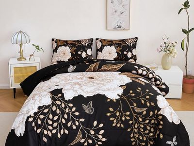 BRAND NEW Black Floral Queen Comforter Set, White Flowers Butterfly Bedding Set, 3 pieces