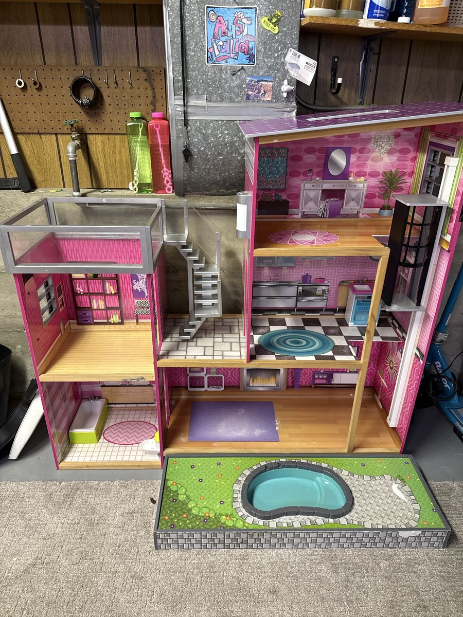 Large Wooden Dollhouse with Pool, Elevator & Winding Staircase