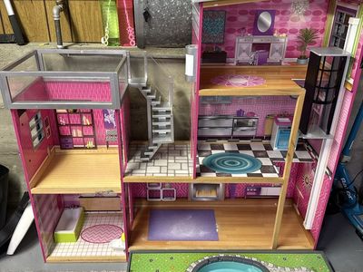 Large Wooden Dollhouse with Pool, Elevator & Winding Staircase