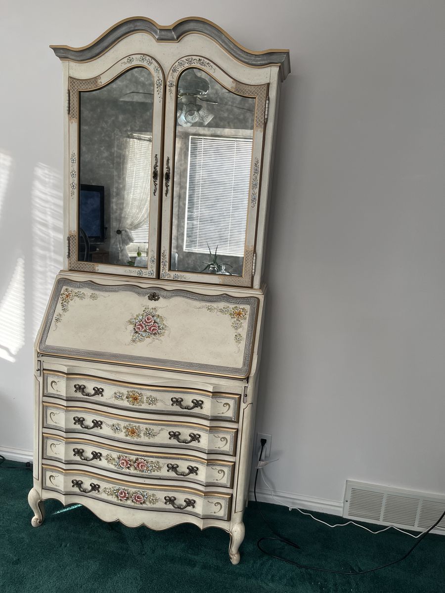 Vintage French Provincial Secretary Desk & Hutch | Hand-Painted Floral | Mirrored Cabinet