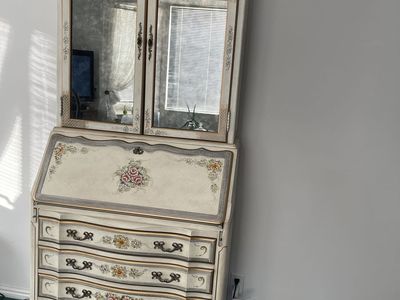 Vintage French Provincial Secretary Desk & Hutch | Hand-Painted Floral | Mirrored Cabinet