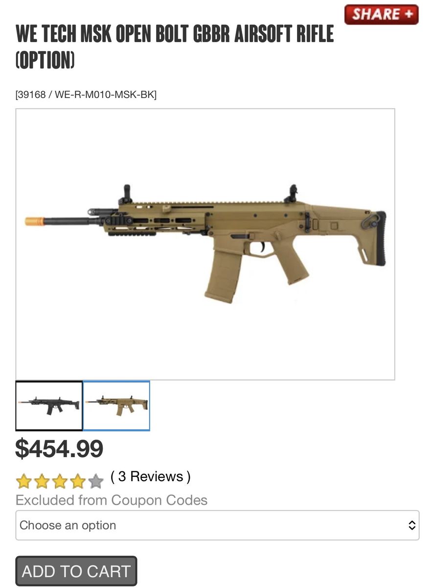 WE Tech MSK Open Bolt GBBR Airsoft Rifle Tan with Extra Magazines