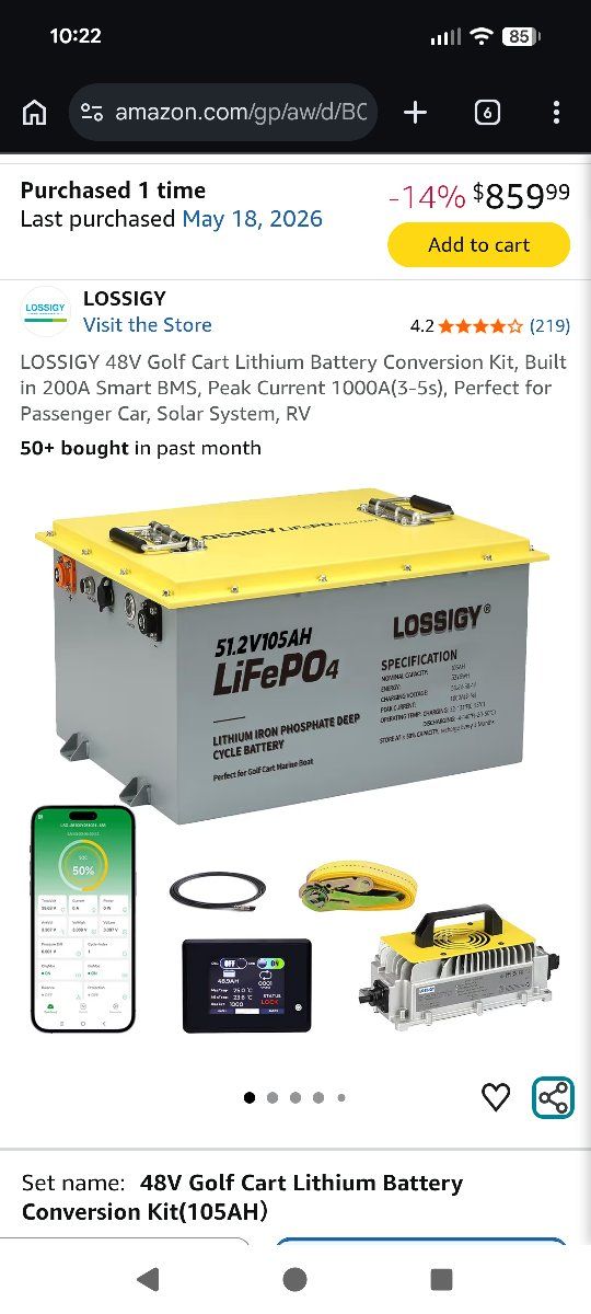 Lossigy 48V 105AH LiFePO4 Golf Cart Lithium Battery Conversion Kit Smart BMS Peak Current 1000A