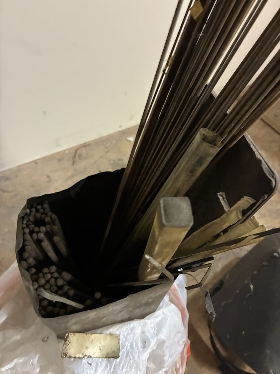 Assorted Welding & Brazing Rods Lot with Vintage Container & Helmet