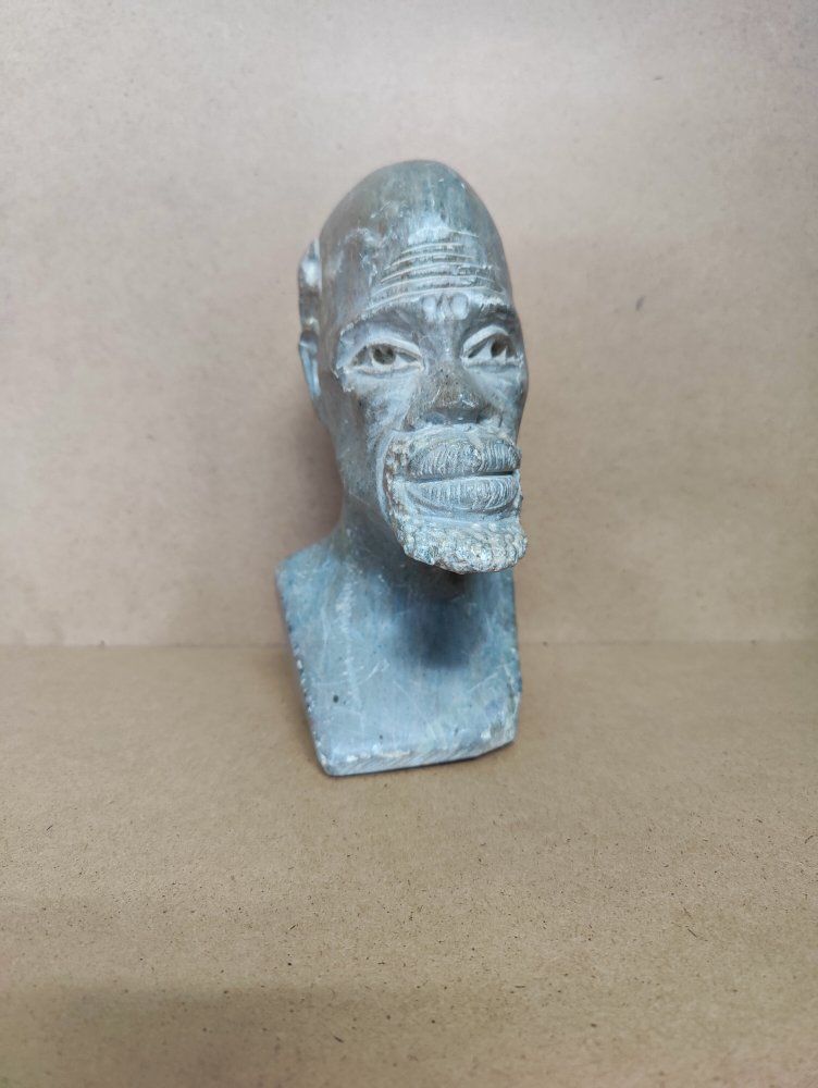 Vintage Hand-Carved Stone Bust Sculpture of Man, African Tribal Art Decor, Unique Patina