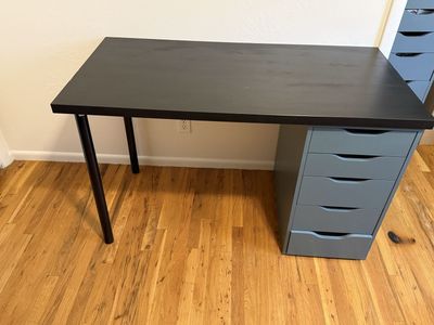 IKEA Alex / Linnmon Desk, Black/Blue-Gray, 47 1/4" x 23 5/8", 5-Drawer Storage