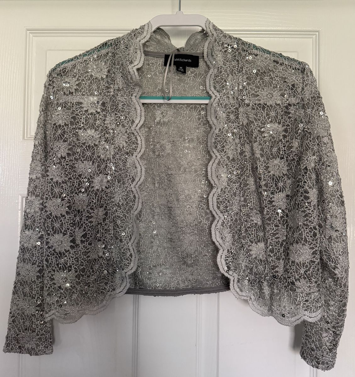R&M Richards Silver Sequin Lace Cropped Bolero Jacket Size M Made in USA