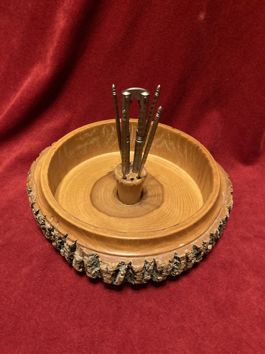 Vintage 1970s Nut Bowl & Cracker Set With Tool Holder & Picks Wood Tree Bark Edge