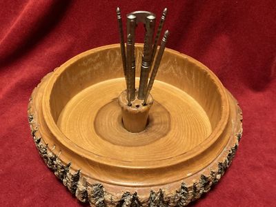 Vintage 1970s Nut Bowl & Cracker Set With Tool Holder & Picks Wood Tree Bark Edge