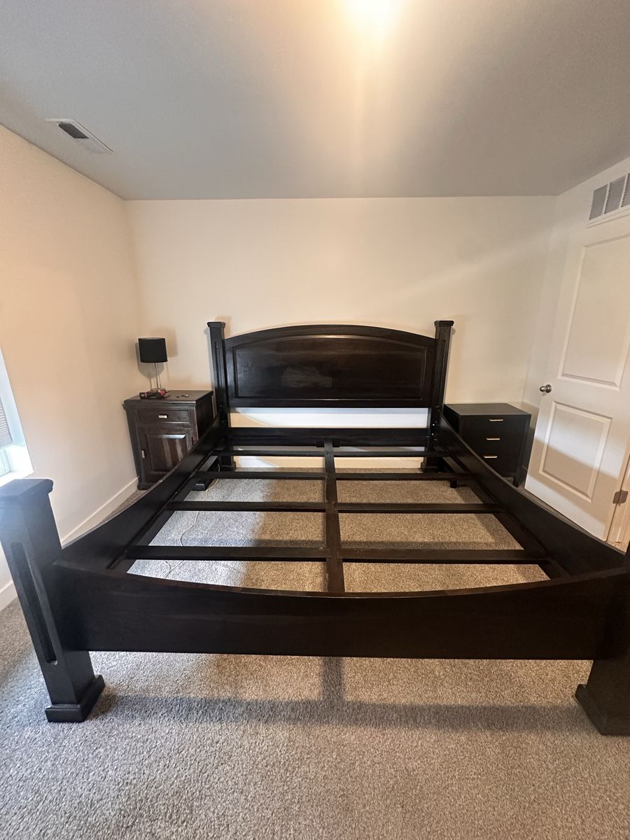 King Size Dark Wood Bed Frame with Nightstand and Box Spring