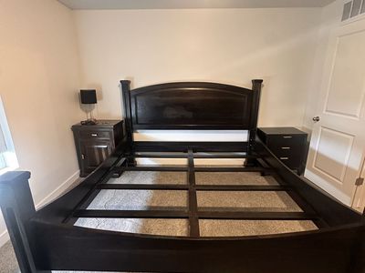 King Size Dark Wood Bed Frame with Nightstand and Box Spring